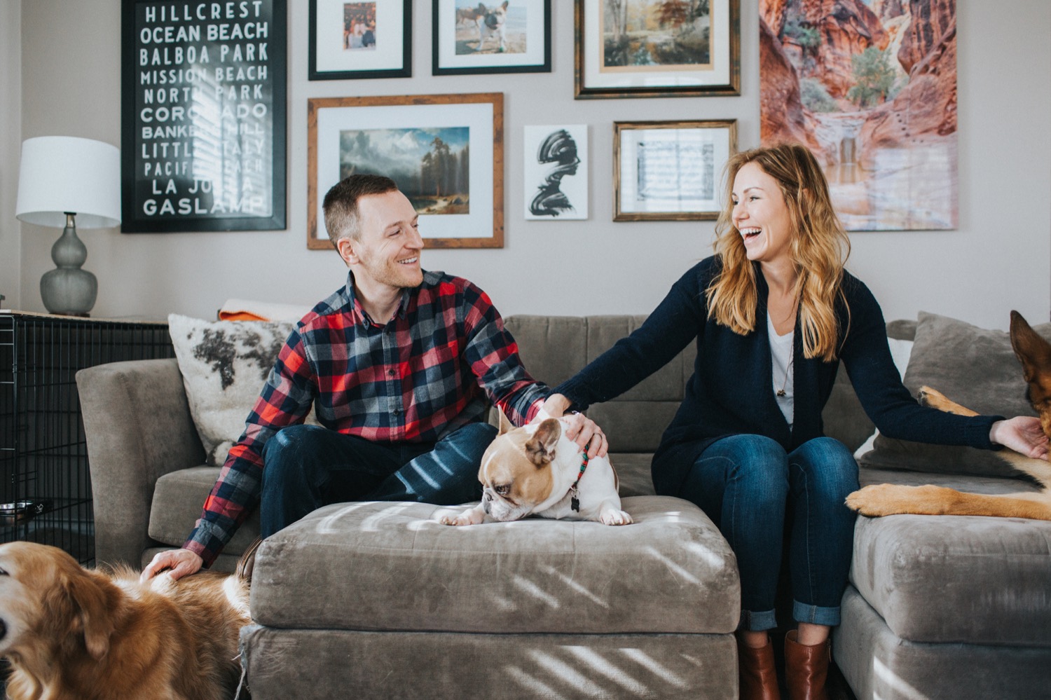 In home family session with Chicago couple and their pups