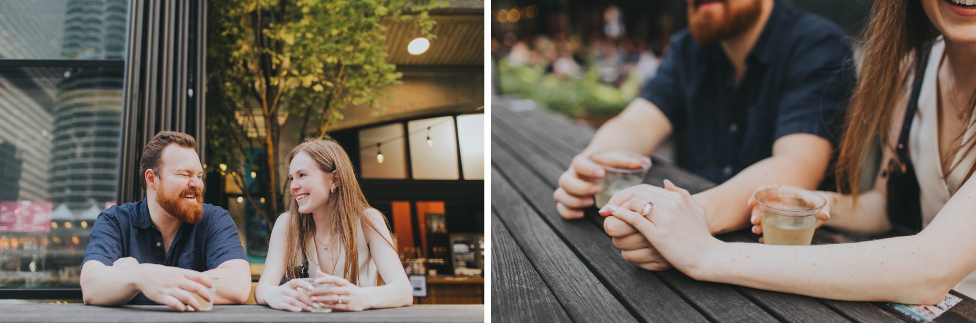 Chicago Riverwalk restaurant and winery engagement photos