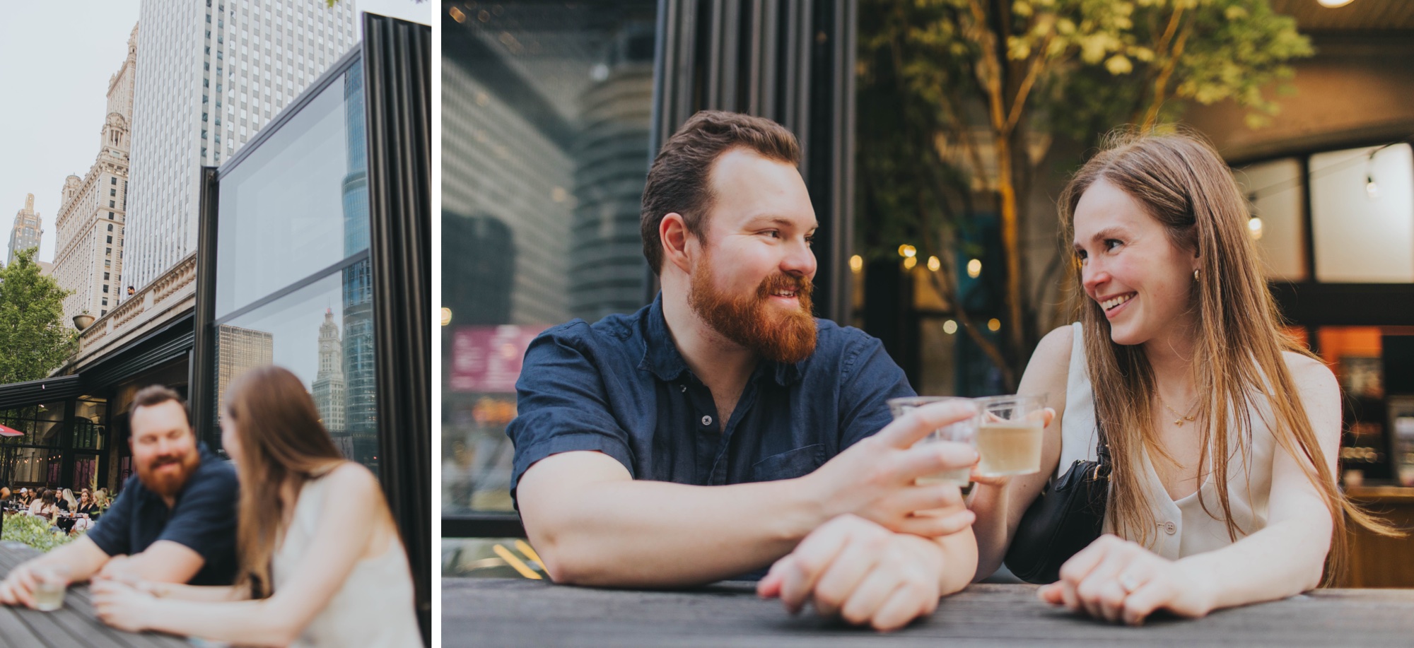 Chicago Riverwalk restaurant and winery engagement photos