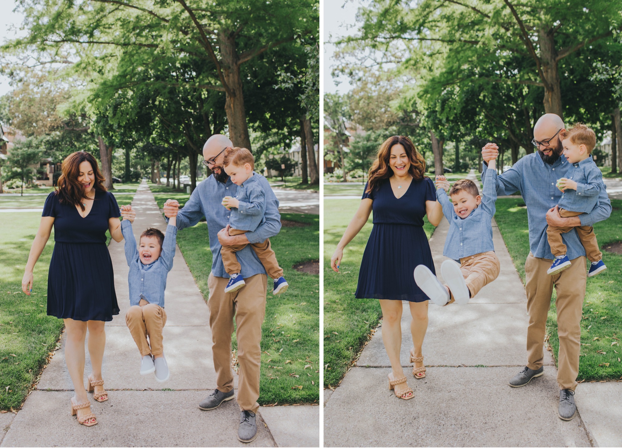 Parents laughing with their two young boys during park photoshoot

