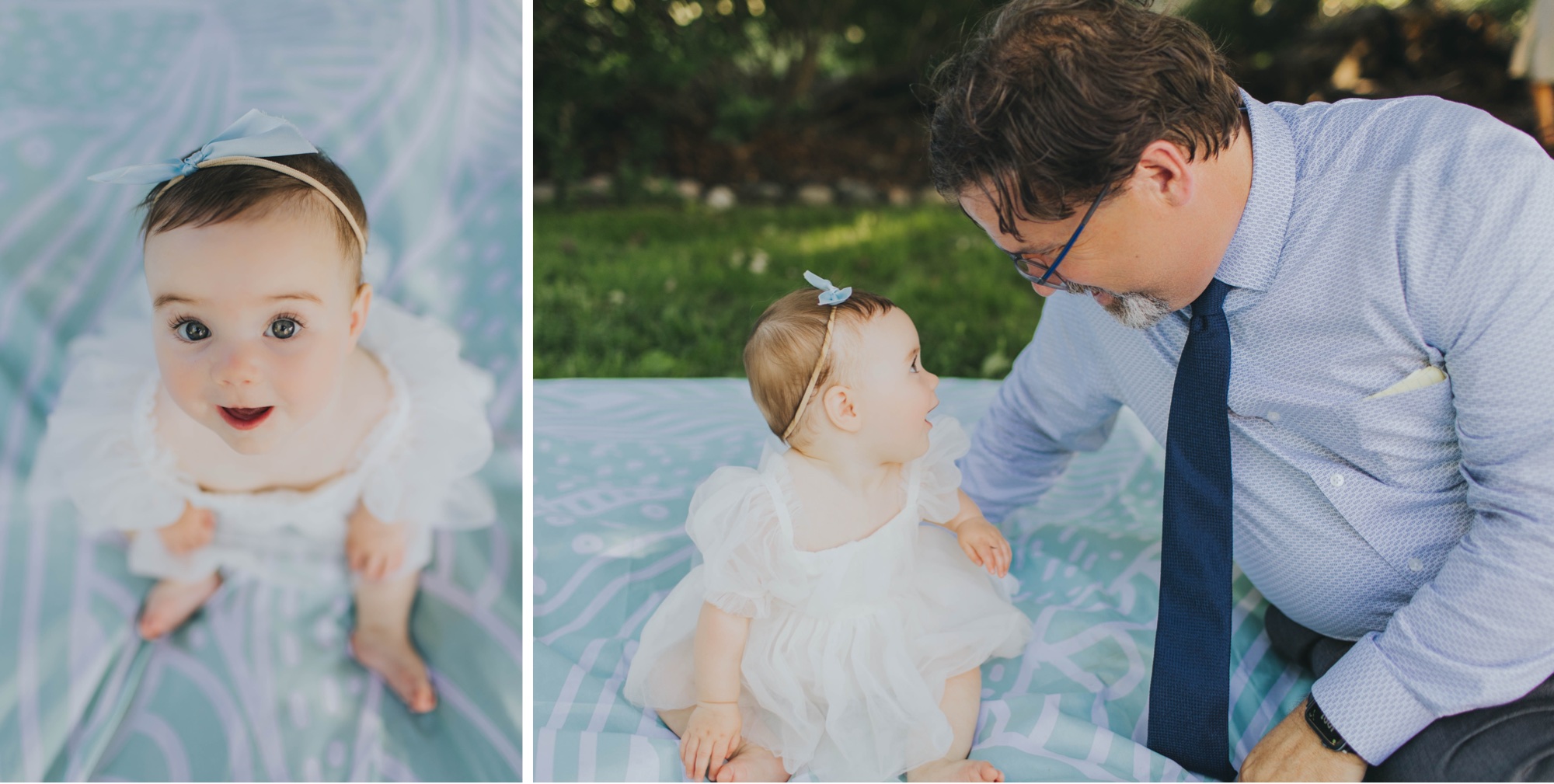 Baby girl in white dress with blue bow at Oak Forest wedding