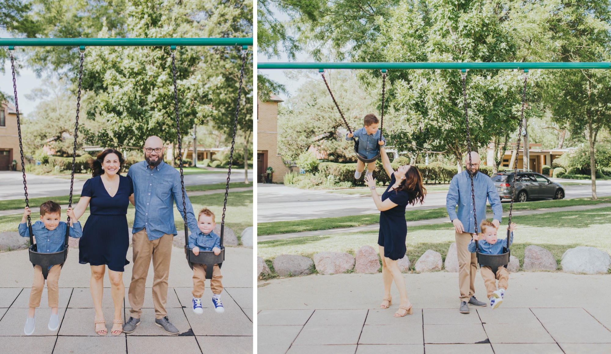 family playing on the swingset for summer family photos