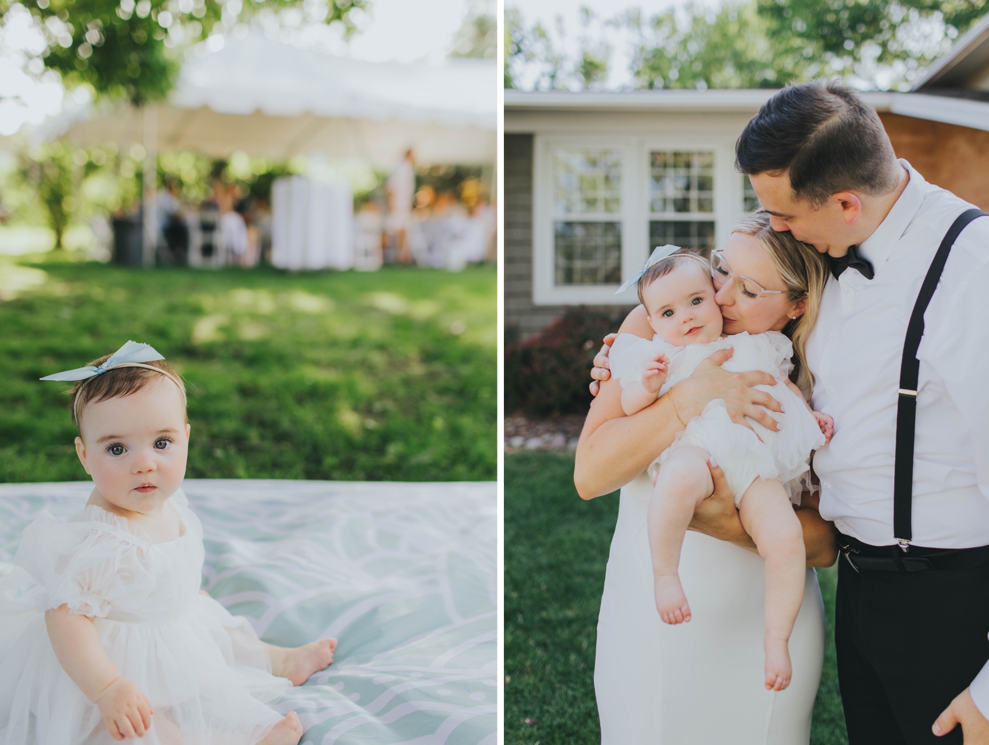 Baby girl in white dress with blue bow at Oak Forest wedding