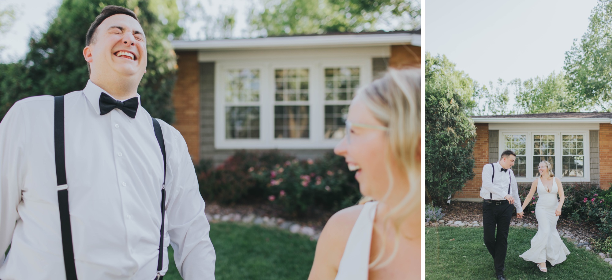 Bride and groom at their Oak Forest backyard wedding reception