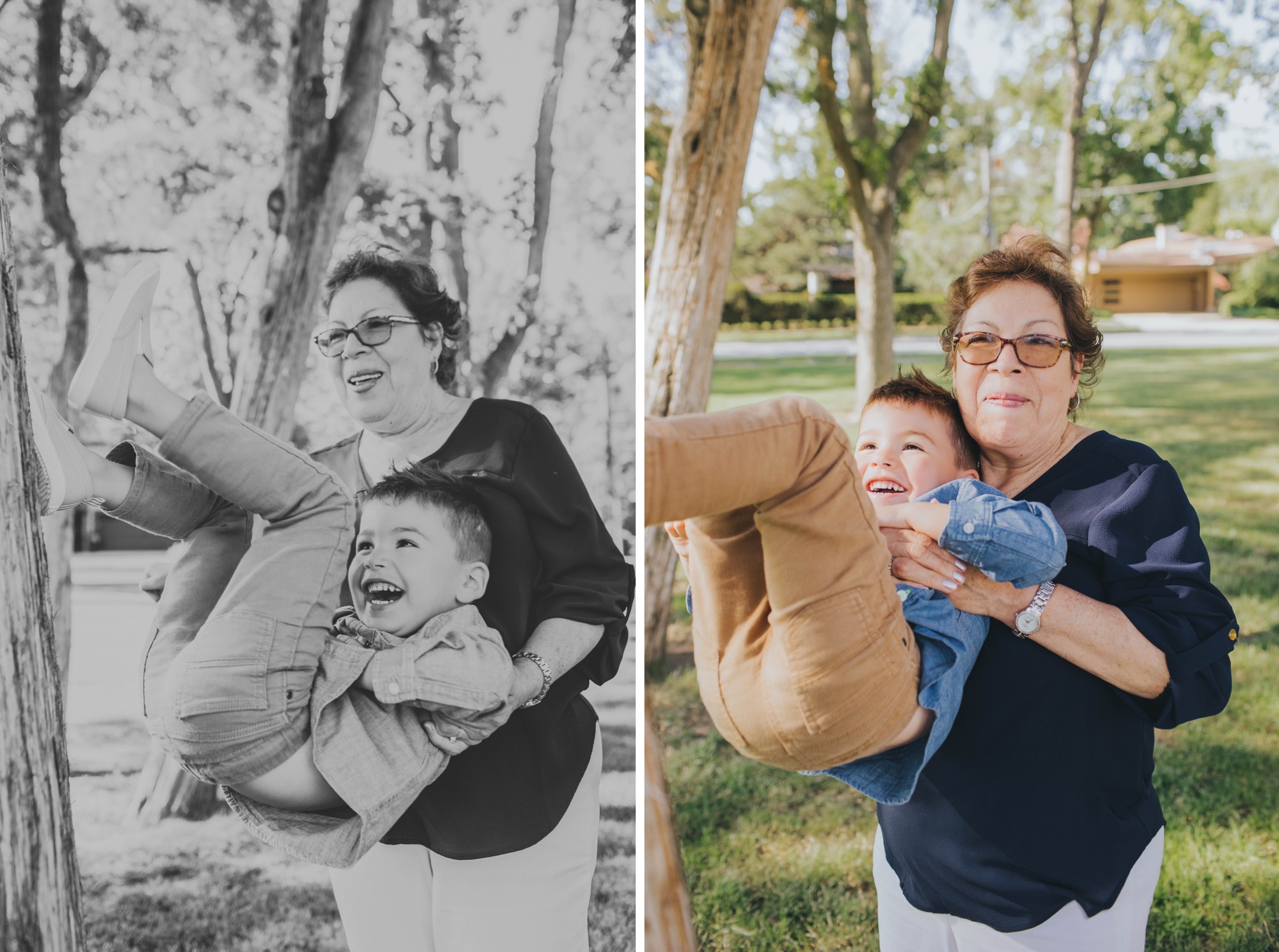 grandson playing with grandma at the park for family photoshoot