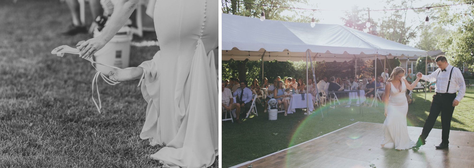 Couple sharing first dance at Oak Forest backyard reception
