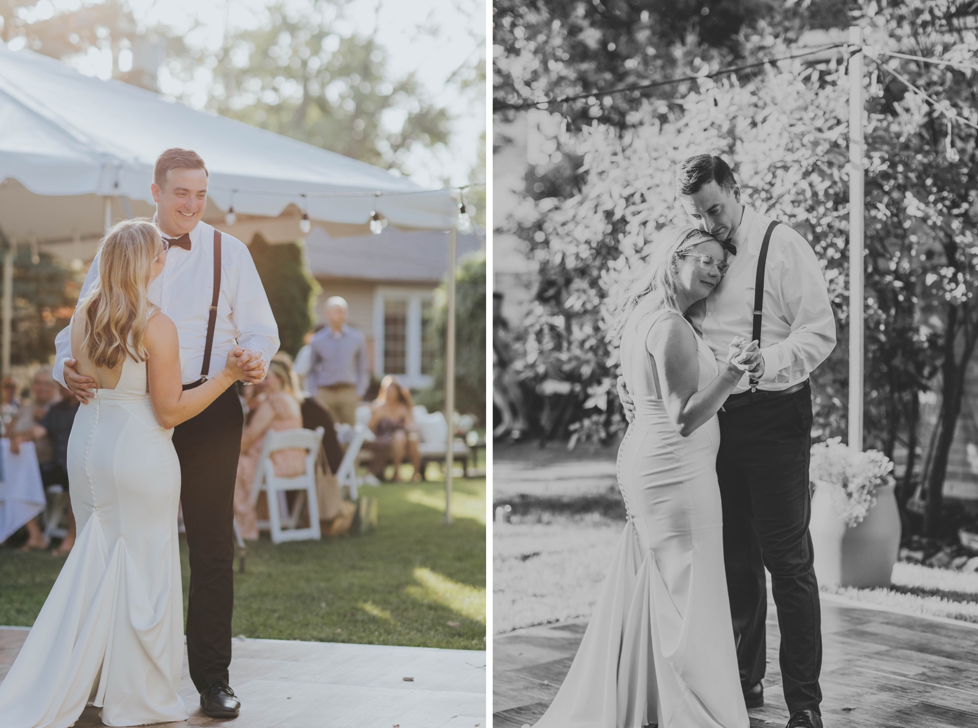 Couple sharing first dance at Oak Forest backyard reception