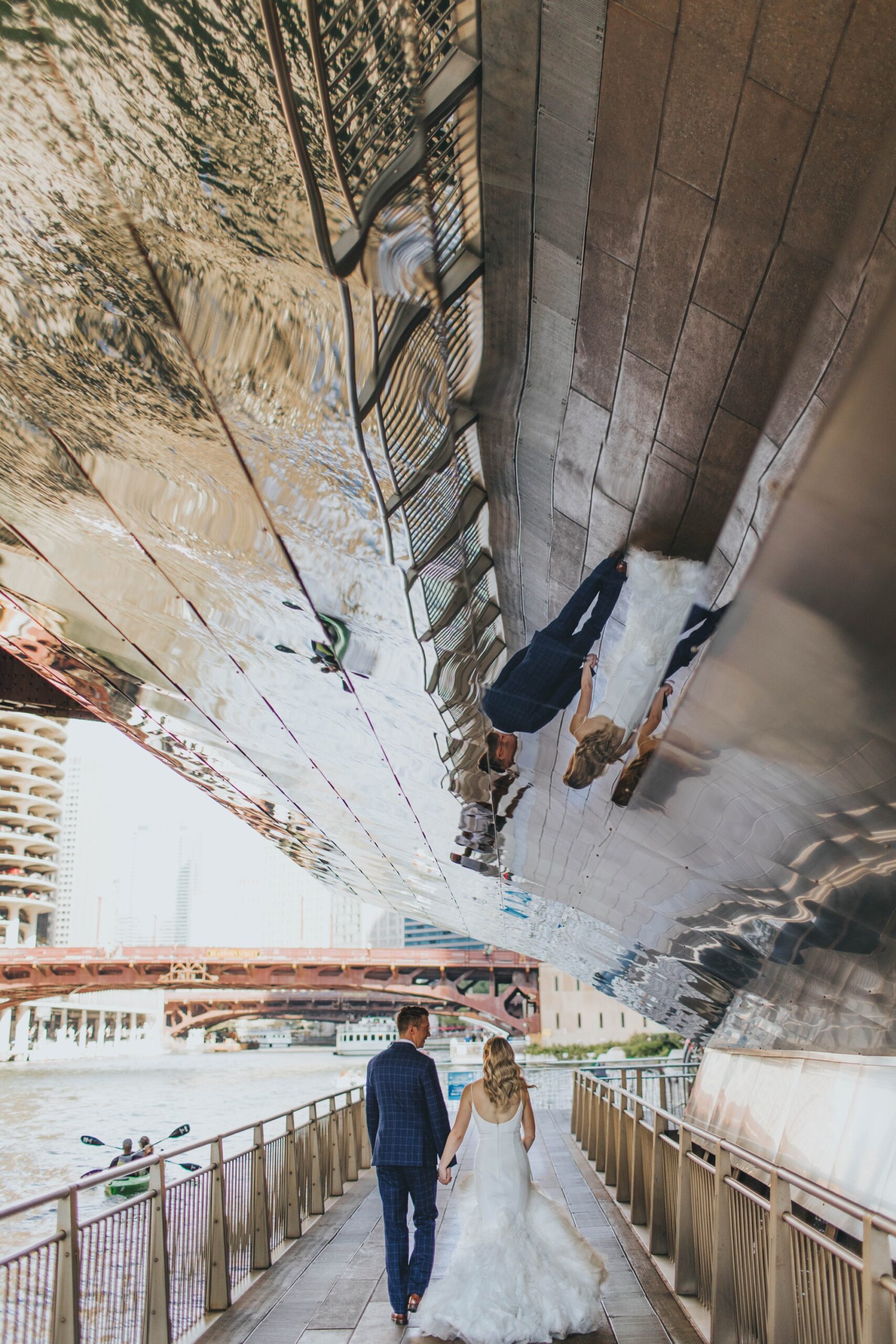 reflective bridge on the Chicago Riverwalk